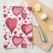 Rotes und rosa Herz-Muster Zeichnend Monogramm Geschirrtuch (Viertel Falte)