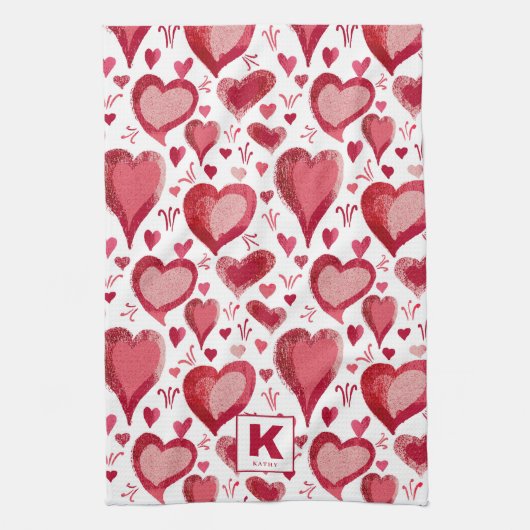 Rotes und rosa Herz-Muster Zeichnend Monogramm Geschirrtuch (Vertikal)