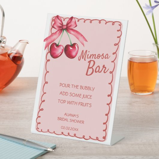 Rotes und rosa Mimosa Bar Cherry Brautparty Sockelschild (In Situ)