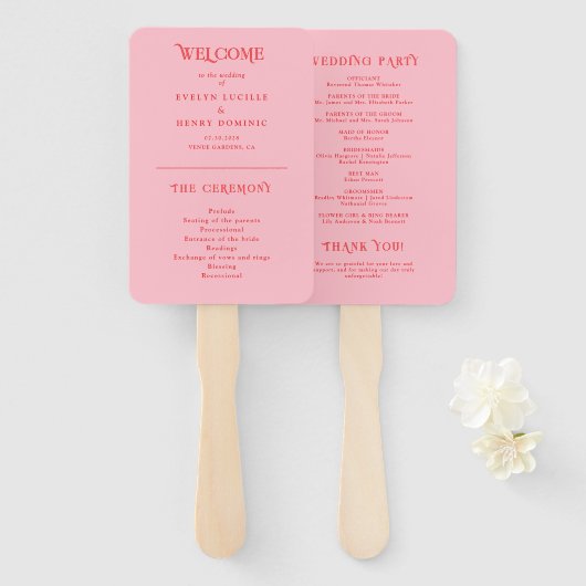 Rotes und rosa Retro-Hochzeitsprogramm Fächer (Vorne und Hinten)