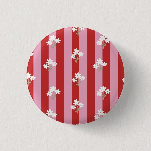rotes und rosa Streifendesign mit weißen Blumen Button (Vorderseite)