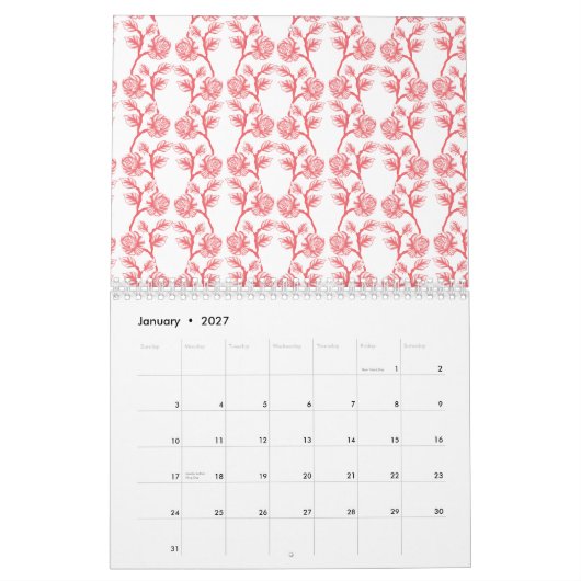 Rotes und rosafarbenes Packpapier mit wiederholend Kalender (Jan 2027)