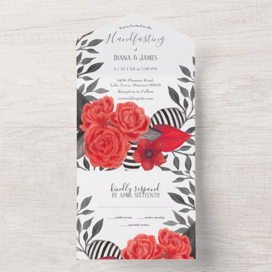 Rotes und schwarz-gotisches Blumenhandgefühl All In One Einladung (Innen Boden)