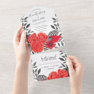 Rotes und schwarz-gotisches Blumenhandgefühl All In One Einladung