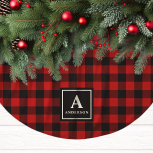 Rotes und schwarzes Buffalo-Karo-Monogramm Polyester Weihnachtsbaumdecke