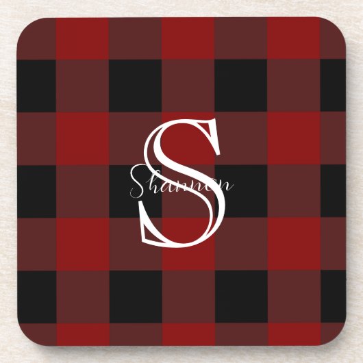 Rotes und schwarzes Büffel-Karo-Monogramm Getränkeuntersetzer (Vorderseite)
