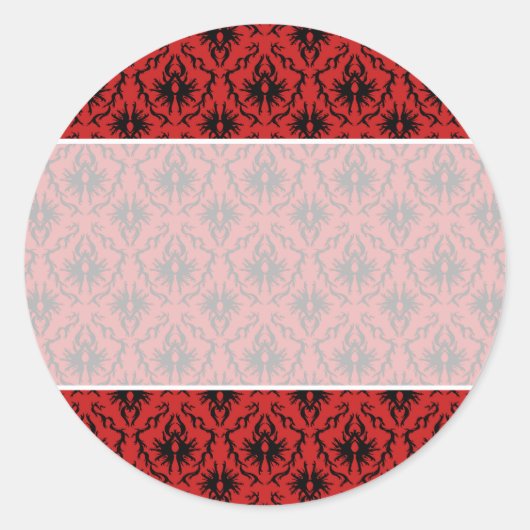 Rotes und schwarzes Damasdesign. Runder Aufkleber (Vorderseite)