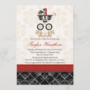 ROTES UND SCHWARZES DAMASK BABY CARRIAGE BABY SHOW EINLADUNG
