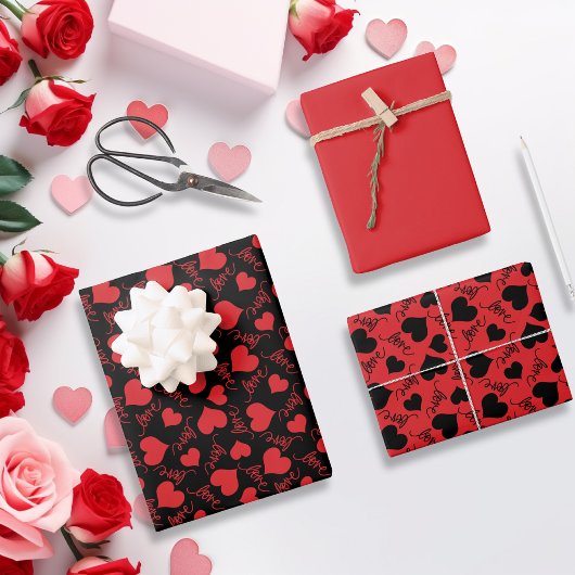 Rotes und schwarzes Herzmuster für Valentinin Geschenkpapier Set