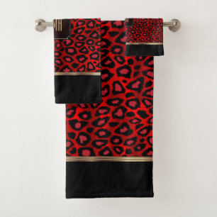 Rotes und schwarzes Leopardenmuster mit Monogramm Badhandtuch Set