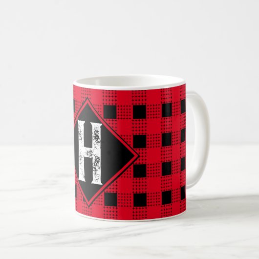 rotes und schwarzes modernes Büffel kariert Monogr Kaffeetasse (VorderseiteRechts)