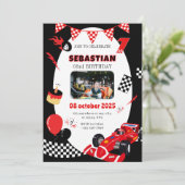 Rotes und Schwarzes Rennen Geburtstagseinladung - Einladung (Stehend Vorderseite)