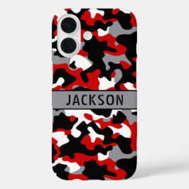 Rotes und schwarzes Tarnmuster personalisiert iPhone 16 Hülle