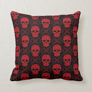 Rotes und schwarzes Zuckerschädel-Muster Kissen