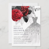 Rotes und Silberes Blumendress-Brautparty Einladung (Vorderseite)