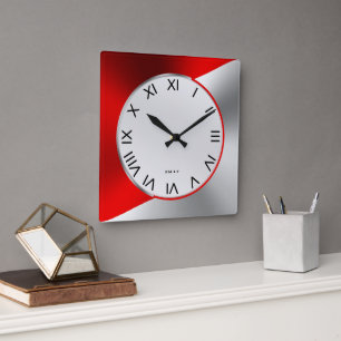 Rotes und silbernes modernes metallisches geometri quadratische wanduhr