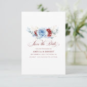 Rotes und staubblaues florales Save-the-Date Save The Date (Stehend Vorderseite)
