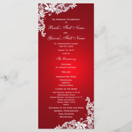 Rotes und vintage Blumen-Spitze-Hochzeitsprogramm Programm (Vorderseite)