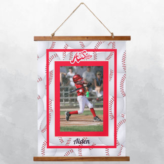 Rotes und weißes Baseball-Foto Wandteppich Mit Holzrahmen