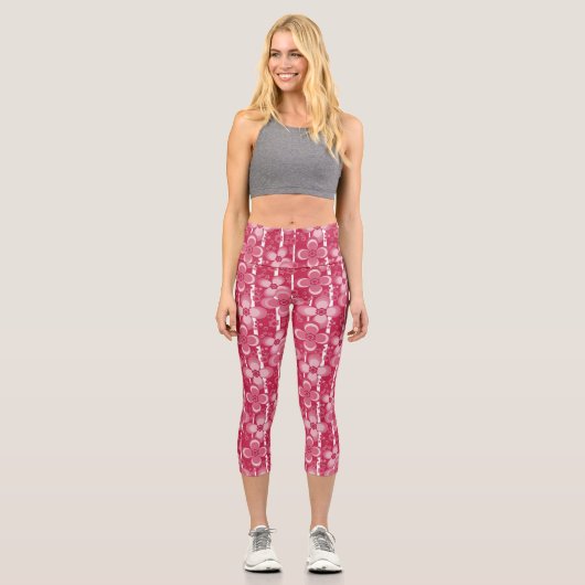 Rotes und weißes Blumenmuster Capri Leggings (Vorderseite)