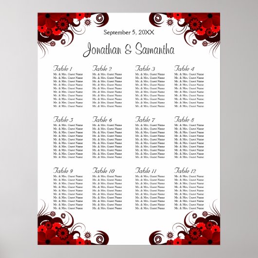 Rotes und weißes Blütenblatt 12 Hochzeitstische Poster (Vorne)