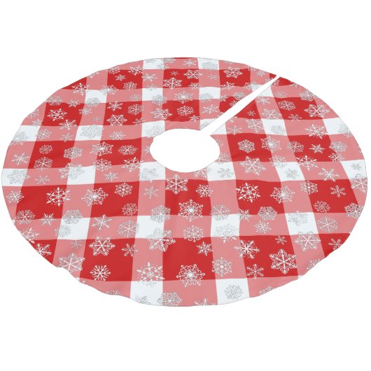 Rotes und Weißes Buffalo Kariert mit Schneeflocken Polyester Weihnachtsbaumdecke (Schrägansicht)