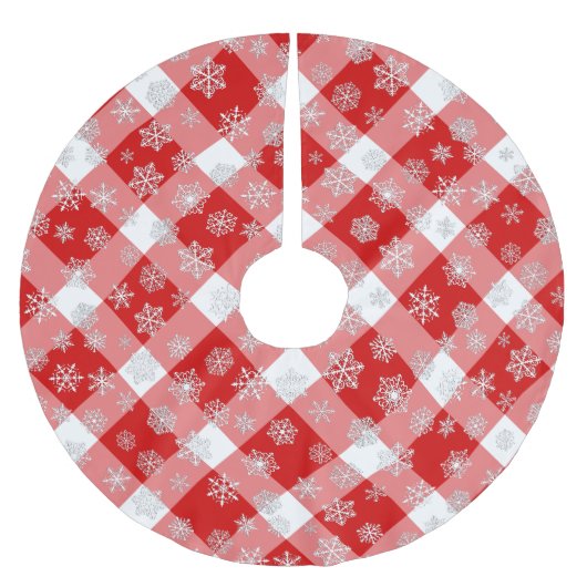 Rotes und Weißes Buffalo Kariert mit Schneeflocken Polyester Weihnachtsbaumdecke (Vorderseite)