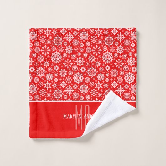 ROTES UND WEISSES CHRISTAMS-SCHNEEFLACHMONOGRAMM BADHANDTUCH SET (Waschlappen)
