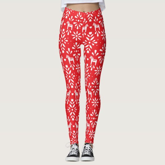 Rotes und weißes Dala Pferdchen Kunstmuster Leggings (Vorderseite)