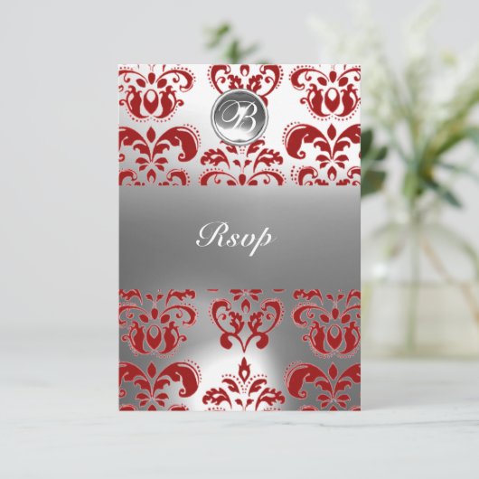 ROTES UND WEISSES DAMASK GEM STONE MONOGRAM ANKÜNDIGUNG (Stehend Vorderseite)