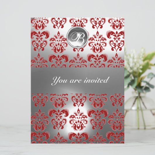 ROTES UND WEISSES DAMASK GEM STONE MONOGRAM EINLADUNG (Stehend Vorderseite)