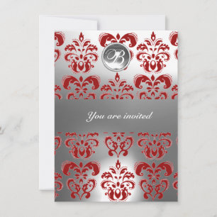 ROTES UND WEISSES DAMASK GEM STONE MONOGRAM EINLADUNG