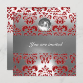 ROTES UND WEISSES DAMASK GEM STONE MONOGRAM EINLADUNG (Vorne/Hinten)