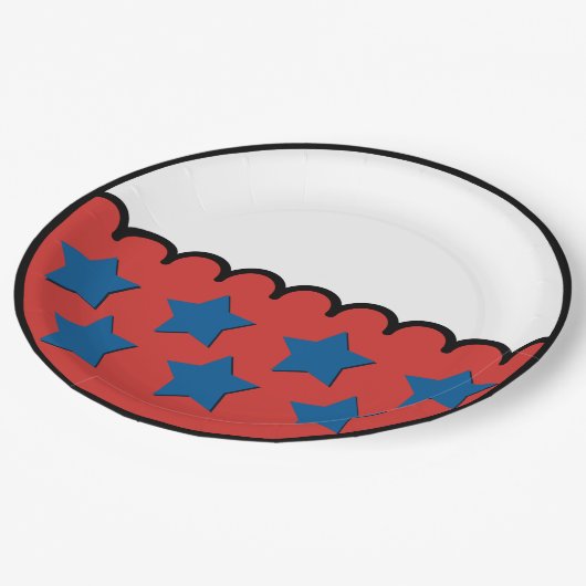 Rotes und weißes Flachdesign mit blauen Sternen Pappteller (Schrägansicht)