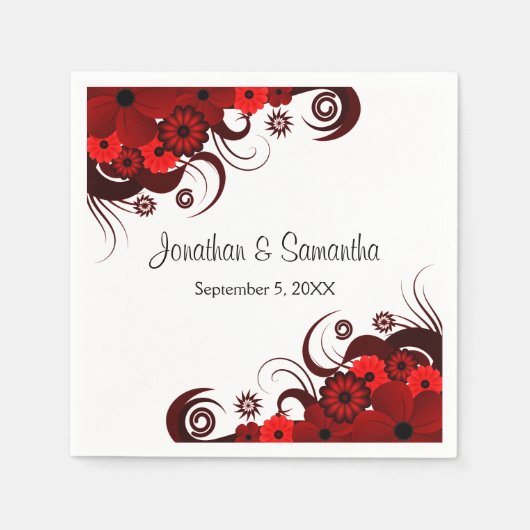 Rotes und weißes, florales Gotisches Hochzeitspapi Serviette (Vorderseite)