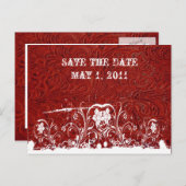 Rotes und Weißes geschossenes Leder Save the Date Ankündigungspostkarte (Vorne/Hinten)