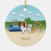 Rotes und weißes Papillon mit Agility Keramik Ornament (Vorne)