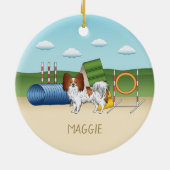 Rotes und weißes Papillon mit Agility Keramik Ornament (Hinten)