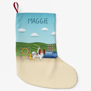 Rotes und weißes Papillon mit Agility Kleiner Weihnachtsstrumpf