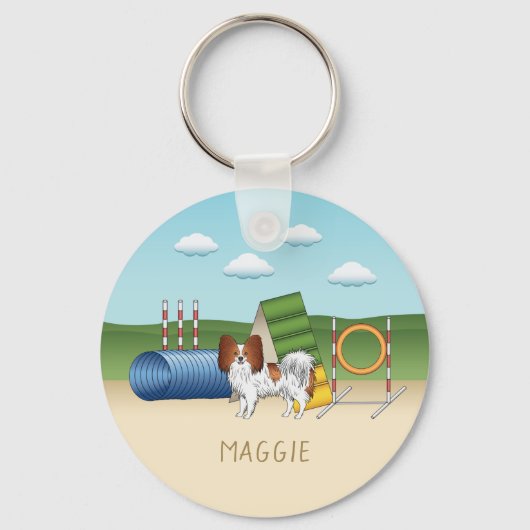 Rotes und weißes Papillon mit Agility Schlüsselanhänger (Vorderseite)