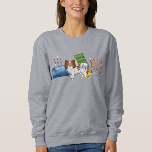 Rotes und weißes Papillon mit Agility Sweatshirt (Vorderseite)