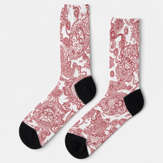Rotes und weißes Schädelmuster Socken (Linkes Detail)