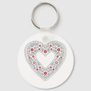 Rotes und weißes Spitzenherz Schlüsselanhänger