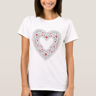 Rotes und weißes Spitzenherz T-Shirt