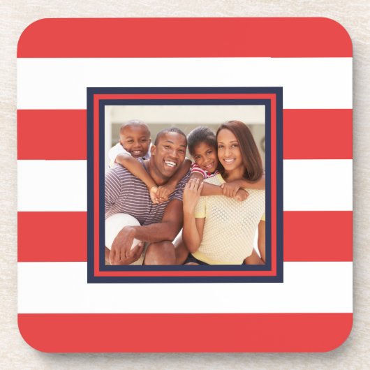 Rotes und weißes Streifenmuster mit Foto Getränkeuntersetzer (Vorderseite)