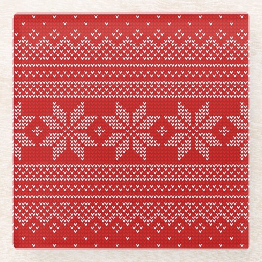 Rotes und weißes Weihnachtsstrickmuster Glasuntersetzer (Vorderseite)
