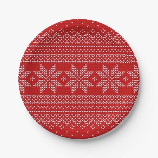 Rotes und weißes Weihnachtsstrickmuster Pappteller (Vorderseite)