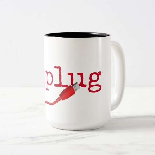 Rotes USB-Kabel mit UNPLUG-Text Zweifarbige Tasse (VorderseiteRechts)