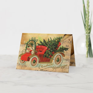ROTES VINTAGE-AUTO, CHRISTMAS-BAUM UND MUSIKKNOTEN FEIERTAGSKARTE