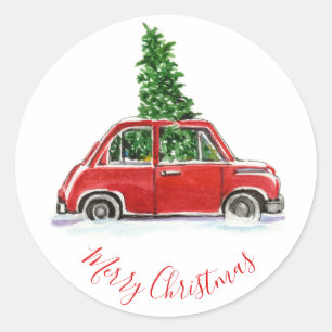 Rotes Vintage-Auto mit Weihnachtsbaum Runder Aufkleber